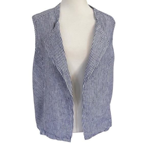 Chico’s Striped Open Front Linen Sleeveless Blazer Size L Chambray White Layer - Picture 1 of 10